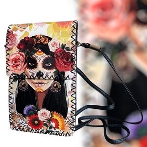 Boho Chic Day Of The Dead Crossbody Bag Faux Leather Floral 8” x 5” Purse